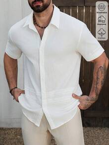 Manfinity RSRT Herren Kurzarm-Top aus weich Washed, knitteriger Stoff mit Tape-Besatz, angenehm strukturierter Stoff, geeignet für formelle oder legere Anlässe, Urlaub, Essen, einfaches Büro, lässige Lässig Kleidung, vielseitiger Stil, ideal zum Selbsttragen oder als Geschenk für Freunde, Serie von Yamamoto - Weiss - Übersicht 4