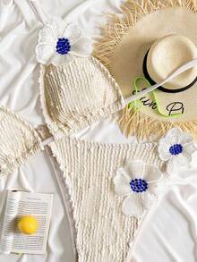 Swim SXY Bộ bikini họa tiết hoa dành cho nữ, đồ bơi màu be, trang phục đi biển gợi cảm với dây buộc và chất liệu lưới, thích hợp cho mùa hè. - Màu be - Xem 4