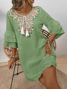 EMERY ROSE Women Fashionable Notched V-Neck Dress With Colored Pom-Pom Decoration Vacation Beach Outfit - Mint Green - View 6