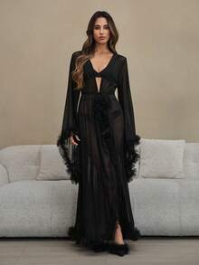 女式睡袍 - 黑色 - 查看 3