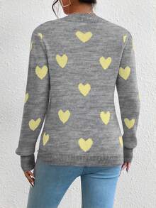 SHEIN LUNE 爱心提花圆领休闲长袖女式毛衣，适合情人节、秋冬季穿着。 - 灰色 - 查看 2
