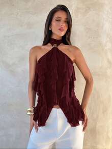 Aloruh Women's Elegant Multi-Layer Ruffle Trim Stand Collar Fitted Tank Top - Burgundy - View 4