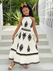 Tween Girls' Sleeveless Top And Mini Skirt Set, Casual & Fashionable, Suitable For Summer Vacation - Apricot - View 1