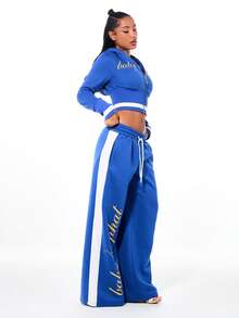 BABYPHAT Wide Leg Joggers With Side Panel Stripe Detail And Logo Script Print Drawstring Waistband Elastic Ankle Comfort Sweatpants - Blue - View 3