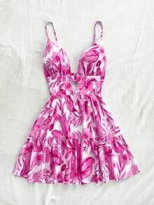 Soleia WYWH 女士度假连衣裙，紫红色蝴蝶结装饰 A 字裙，带荷叶边下摆，抹胸连衣裙 - 玫紅色 - 查看 5