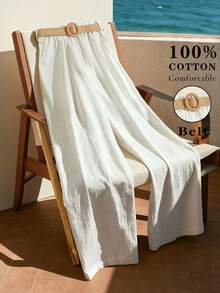 GlowEve 女士休闲棉麻腰带宽松裤，夏季 - 白色 - 查看 1