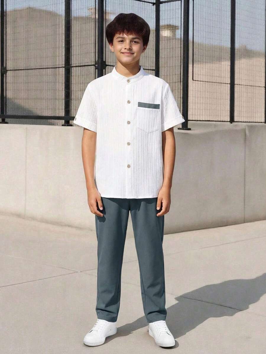 SHEIN 2pcs/Set Teenage Boys' Casual School Style Simple White Shirt And Pants Outfit - Grey - View 1