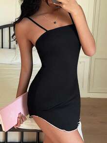 Lowkey Lull Women's Summer Contrast Lettuce Trim Fitted Camisole Nightgown - Black - View 5