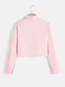 SHEIN EZwear Áo sơ mi dài tay nữ màu trơn cài cúc phía trước kiểu dáng thường ngày - Hồng - Xem 2