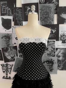 Attitoon Blusa de mujer con estampado de lunares vintage, parches y encaje, adecuada para primavera, fiestas, Pascua, salir, color negro, para volver al colegio, con estilo vintage, sexy, linda, Y2K, estilo coco, bohemio, hippie, festivales de música, fiestas - Negro - Ver 6