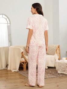 Serenescape Women's Casual Totem & Floral Print Lapel Short Sleeve Pajama Set - Multicolor - View 2