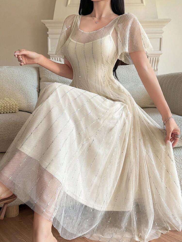 Women's Elegant Sequin Ruffle Sleeve Mid-Length Dress, Summer Wedding Guest Dress Sundress