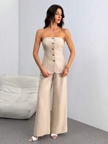 SHEIN Tall 女士优雅简约金属纽扣吊带背心和高腰阔腿卡其裤两件套，适合通勤、休闲、度假穿着。 - 卡其色 - 查看 7