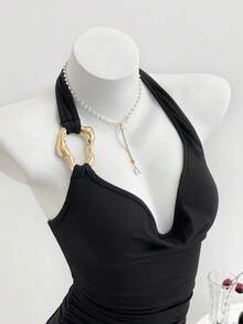 Elamini 女士性感休闲简约金属扣装饰垂褶领口褶皱连体衣 - 黑色 - 查看 1