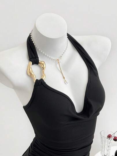 Elamini Women's Sexy Casual Minimalist Metal Buckle Decor Draped Neck Ruched Bodysuit Halter Swimsuit Top Swimming Top Rhinestone Necklace