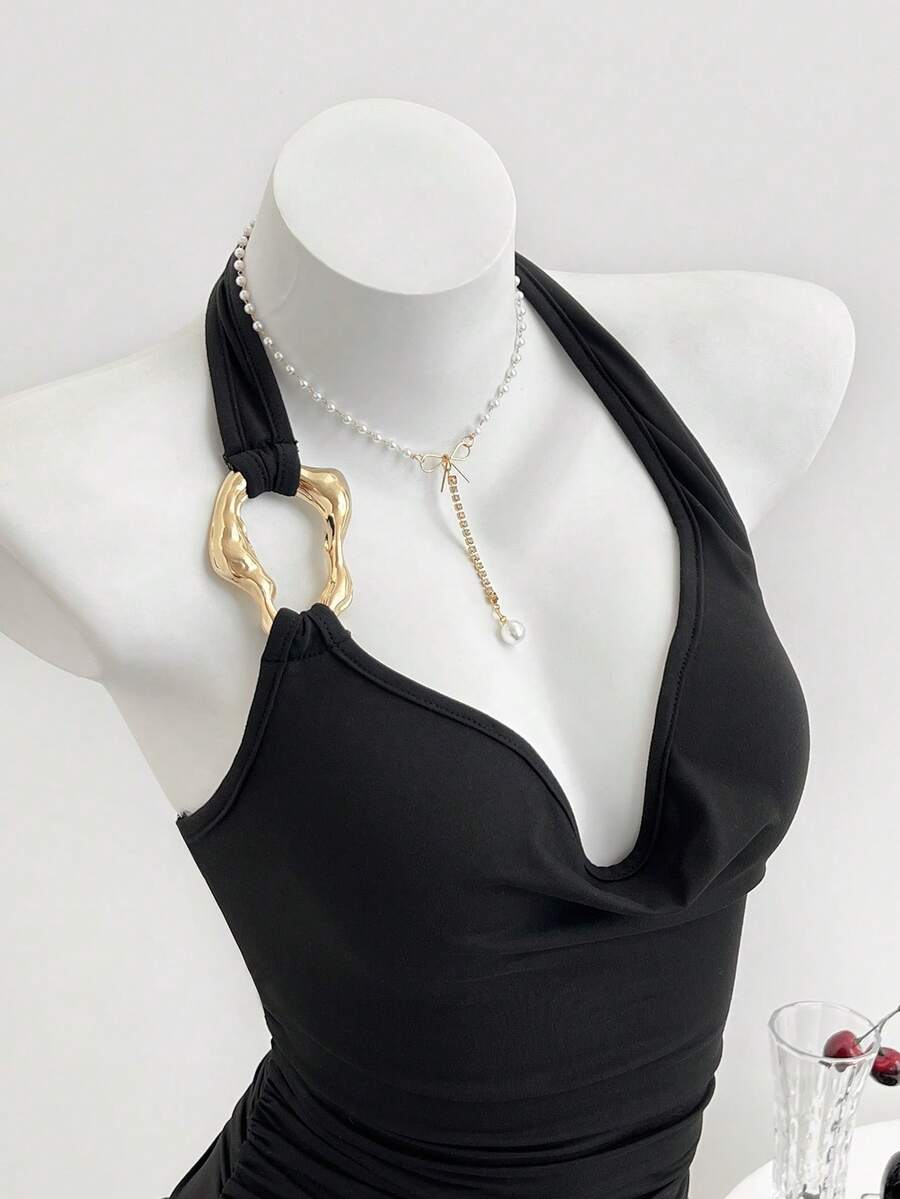 Elamini 女士性感休闲简约金属扣装饰垂褶领口褶皱连体衣 - 黑色 - 查看 1