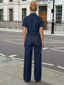 Siren Gaze Women's Navy Blue Denim Suit: Fitted Denim Shirt + Straight Leg Jeans; Summer Casual Suit, - Dark Wash - View 3