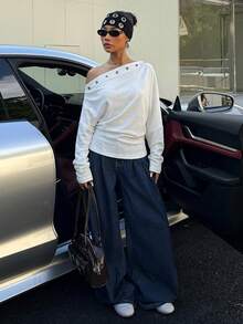 Muchica 女士新款不对称肩部镂空设计腰部卫衣，春夏款 - 白色 - 查看 5