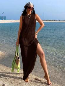 EURMUSE Women Crochet Knit Long Sleveeless Dress - Coffee Brown - View 5