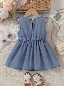 SHEIN Vintaside Kids Girls' Denim Dress With Lace Trim Ruffle Sleeves, Sweet Casual Pleated Waist For, Baby Girl - Blue - View 2
