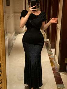 DAZY Sequin Mermaid Tail V-Neck Midi Party Dress For Women - Black - View 5