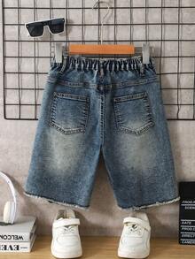 SHEIN Tween Boys' Fashionable Street Style Slim Fit Distressed Light Wash Blue Denim Shorts, Casual Everyday Versatile - Dark Wash - View 7