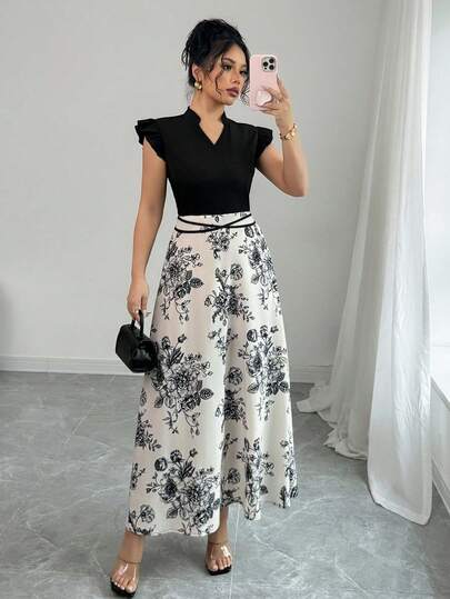 Rafferiza Petite Women's New V-Neck Cap Sleeve Floral Print Patchwork Waist Dress Two Piece Long Skirt Set Floral Long Skirt Two Piece Set Women Elegant Summer Elegant Dress Floral Formal Dress