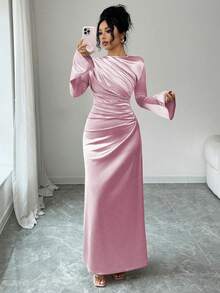 Rafferiza Đầm ôm dáng thanh lịch với thiết kế xếp ly phía trước, tay áo loe bằng vải satin, màu hồng nhạt, thích hợp cho tiệc tùng hoặc mặc hàng ngày, mùa thu/đông. - Màu hồng Bubblegum - Xem 7