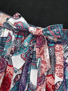 Sparklyn 2pcs/Set Tween Girl Boho Pleated Mini Skirt & Round Neck Open Shoulder Short Sleeve Top, Spring/Summer - Multicolor - View 3