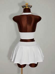 Amplova 女士露背吊带上衣和纯色腰带裙性感前卫两件套 - 白色 - 查看 13