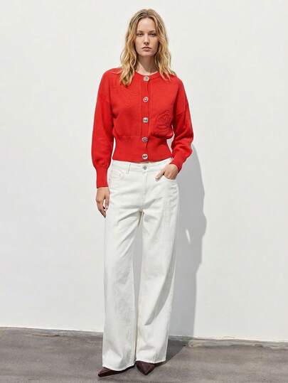 Maija 2026SS Rose Floral Jacquard Metallic Button Front Cardigan, Red Party Evening Wear For Women, Summer Outfits , Summer Sweater, Spring Break Outfits, Spring Clothing, Valentine Outfits For Women , Valentines Day, Valentine's Day Outfit , Beach Outfit For Women, Elegant Party Sweater, Weddings & Events, Elegant Women's Blouses, Holiday Outfits For Women, Vacation Outfits For Women, Unique Metal Buckle, Leg Of Mutton Sleeves