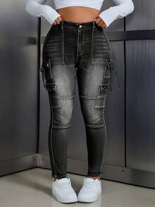 SHEIN ICON Plus Size Women's Cargo Pocket Skinny Casual Versatile Jeans - Black - View 1
