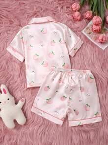SHEIN 2pcs Baby Girls' Cute & Fresh Light Pink Cartoon Rabbit & Peach All-Over Print Cardigan Short Sleeve Top And Shorts Pajama Homewear Set - Multicolor - View 5