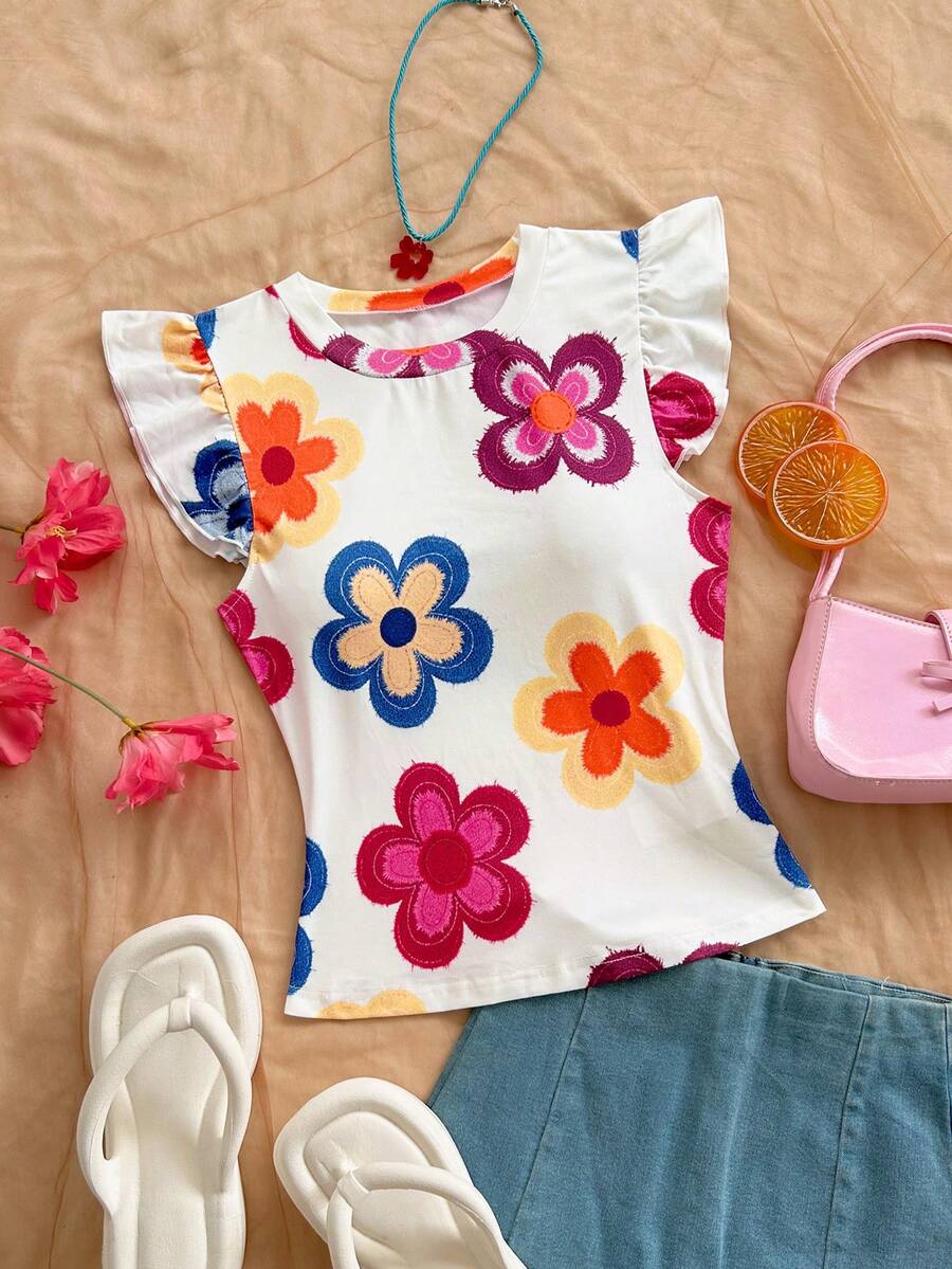 Soleia 休闲度假、西部海滩、婚礼宾客、毕业典礼、早午餐、圣帕特里克节、春假、复活节、音乐节 优雅波西米亚热带蓝白花卉印花荷叶边袖T恤吊带衫 - 彩色 - 查看 1