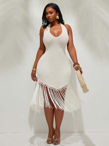 Radiana Plus Size Women's Spring/Summer Boho Apricot Crochet Tasseled Hem Flowy Dress, Holiday/Beach Outfit White Fringe Dress Tassel Dress White Mesh Dress,Boho Clothes Women Crochet Cover Up Dress Summer Dress Fringe Cover Up Dress, Summer Dresses Sexy Beach Dress Swimsuit Cover Up Bikini Cover Up Dress Swimsuit Cover Up Dress - Apricot - View 8