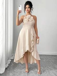 Vestido midi elegante de verano beige para mujer talla, con decoración floral 3D, sin mangas, bajo asimétrico con volantes, corte A y cintura, para boda, y banquete - Albaricoque - Ver 4