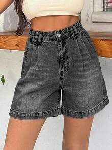 EURMUSE 100%Cotton HIGH WAIST PENS DETAILED STRAIGHT CUT SHORT - Light Grey - View 6