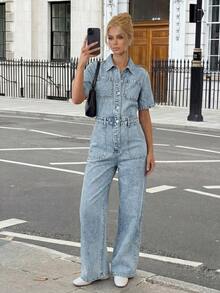 Siren Gaze Women's Short Sleeve Single-Breasted Multi-Pocket Casual Denim Jumpsuit - Medium Wash - View 1