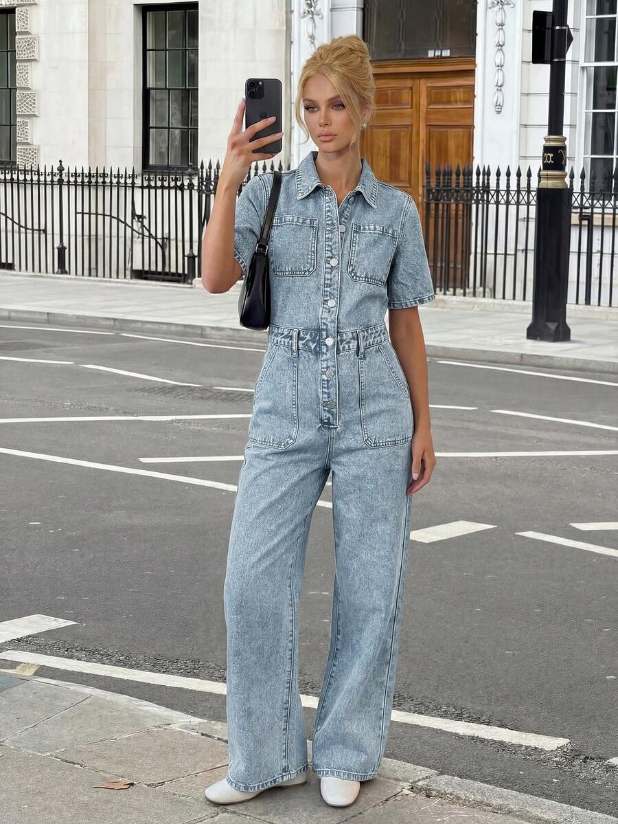 Siren Gaze Women's Short Sleeve Single-Breasted Multi-Pocket Casual Denim Jumpsuit - Medium Wash - View 1