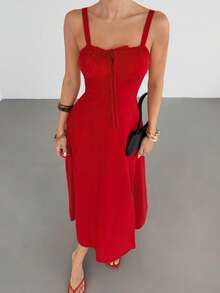 Siren Gaze 女士无袖纯色开衩中长连衣裙，夏季 - 紅色 - 查看 3