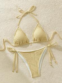 Swim Mod 2026春夏新款女士泳装上市，适合度假、约会、西部风情、邮轮、海滩、海岛、公路旅行、四季皆宜、音乐节、波西米亚风度假、秋日休闲、Y2K波西米亚风纯色系带性感比基尼泳装套装，夏季海滩 - 淡黃色 - 查看 4