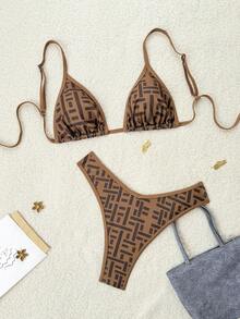 Swim Vcay 2pcs Printed Halter Tankini Swimsuit, Leopard Pattern Sexy Top And Side Tie Bottoms Monogram Bikini Brown Bathing Suit Women Brown Two Piece Set Women Criss Cross Bikini Brown Bikini Set - Brown - View 3