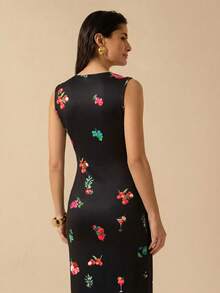 CAJUNI 女士方领修身优雅鸡尾酒会水果印花针织连衣裙 - 黑色 - 查看 2