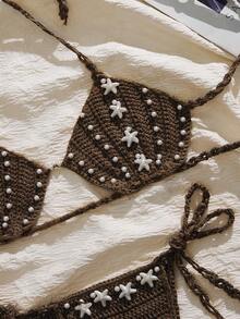 Swim Vcay Shell Pearl Starfish Beaded Brown Knit Halter Top And Thong Panty Set - Brown - View 1