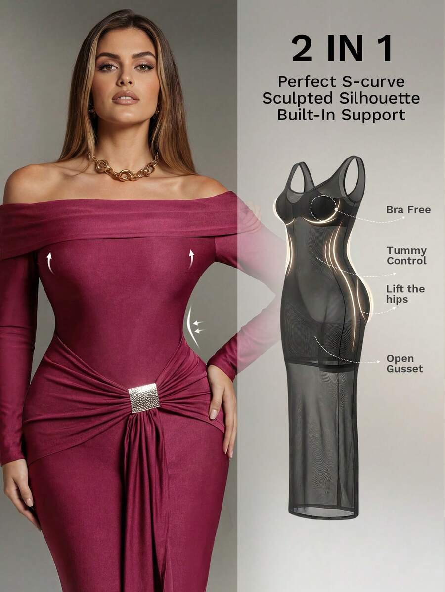 Nuvra 女式长袖双层收腹塑身衣，带衬里，收腰提臀，全长塑身衣 - 中紫紅色 - 查看 1