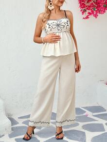 SHEIN 孕妇碎花吊带娃娃衫和阔腿裤两件套，休闲度假及日常穿着 - 杏色 - 查看 3