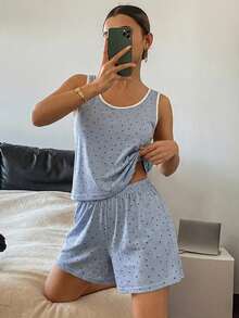 DAZY 2pcs/Set Women's Contrast Trim Polka Dot Print Sleeveless Tank Top And Shorts Pajama Set, Summer - Blue - View 4