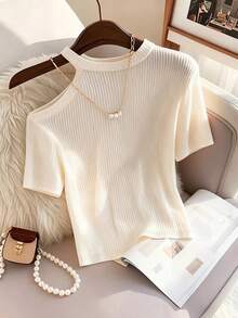 Franclia Women's New Halter Neck Open Shoulder Short Sleeve Casual Fitted Cropped Top - Apricot - View 1