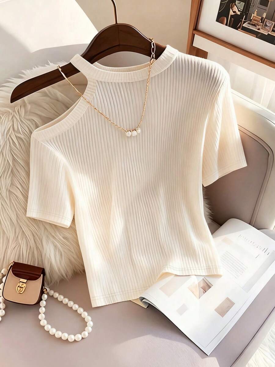 Franclia Women's New Halter Neck Open Shoulder Short Sleeve Casual Fitted Cropped Top - Apricot - View 1