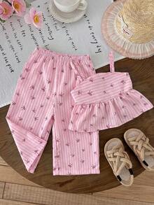 SHEIN 2件套女婴编织条纹蝴蝶结装饰吊带背心和长裤套装 - 彩色 - 查看 5